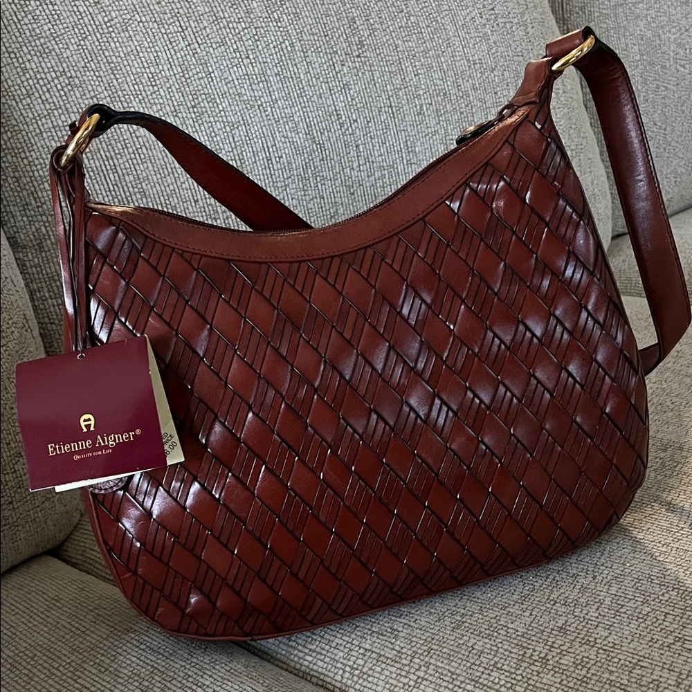 Etienne Aigner Dark Brown Woven Leather Shoulder Hobo